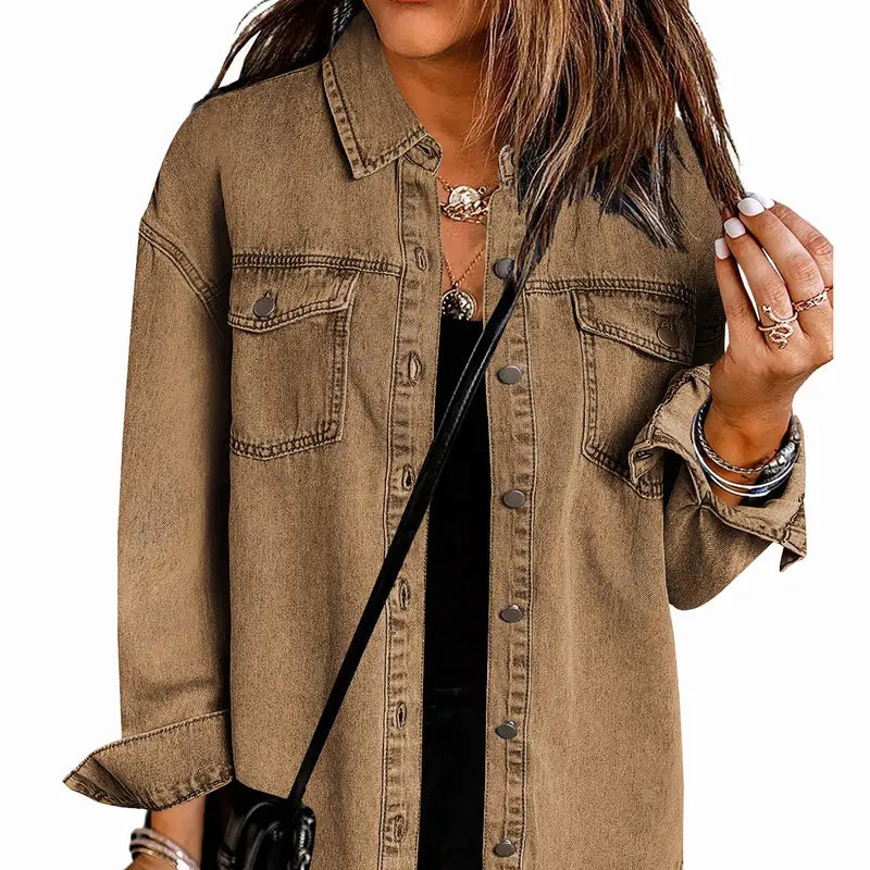 Women's Oversize Ripped Tassel Denim Jean Jacket - Casual Long Sleeve, Pockets, Soft Fabric, Stylish Tops for Ladies