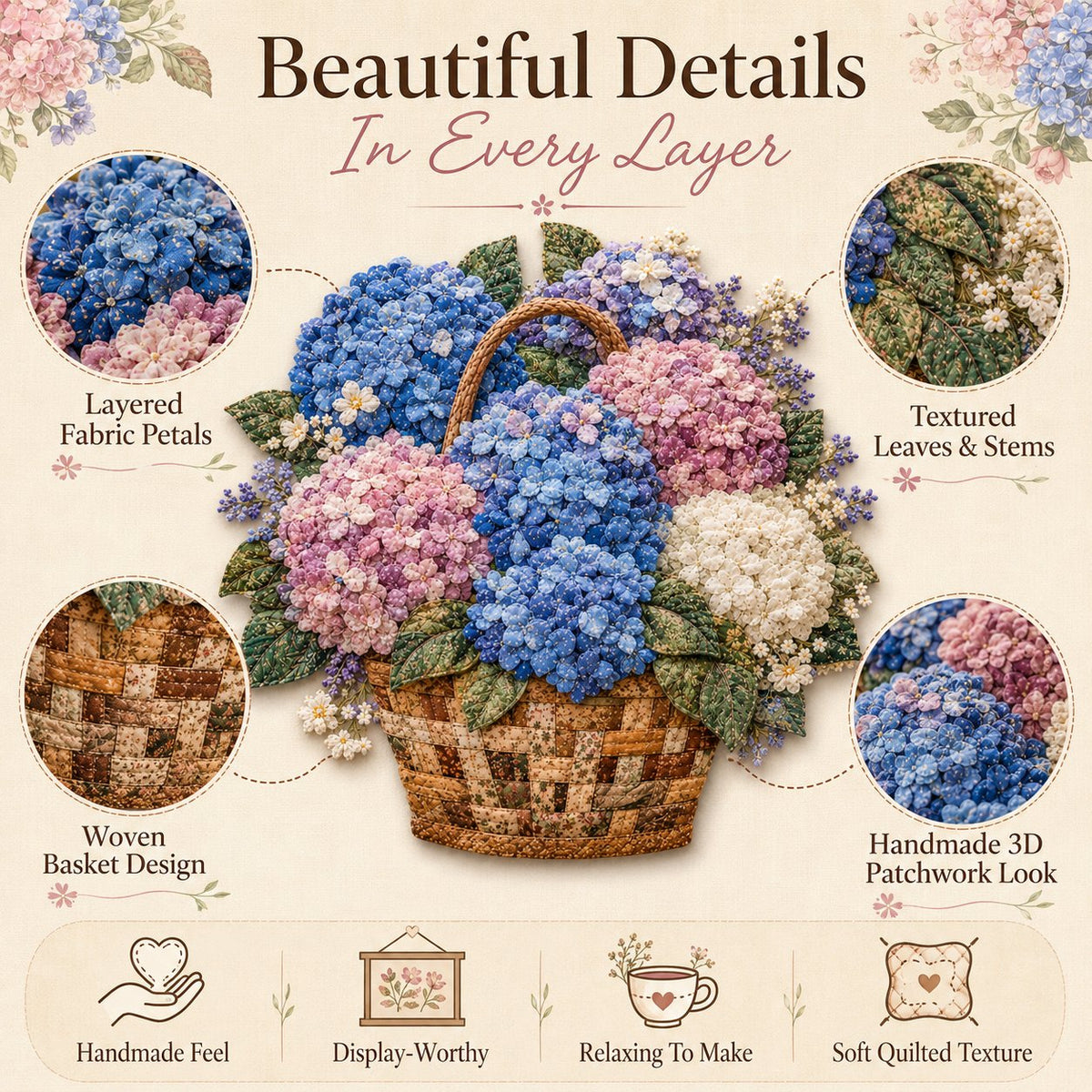 🔥Most Popular in 2026🔥🌸🧵 Premium Floral Basket Patchwork DIY Kit | High-Quality Layered Fabric Bouquet with Raised Petals & Woven Basket Details ✨
