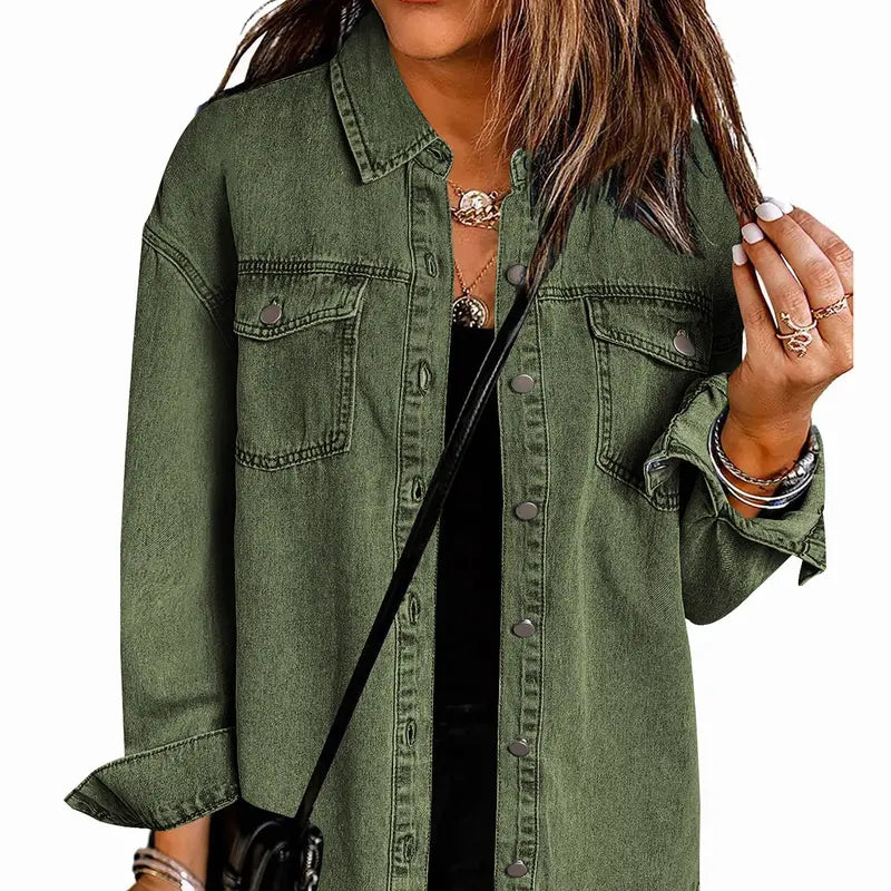 Women's Oversize Ripped Tassel Denim Jean Jacket - Casual Long Sleeve, Pockets, Soft Fabric, Stylish Tops for Ladies