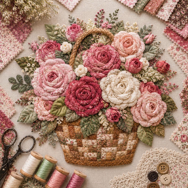 🔥Most Popular in 2026🔥🌸🧵 Premium Floral Basket Patchwork DIY Kit | High-Quality Layered Fabric Bouquet with Raised Petals & Woven Basket Details ✨