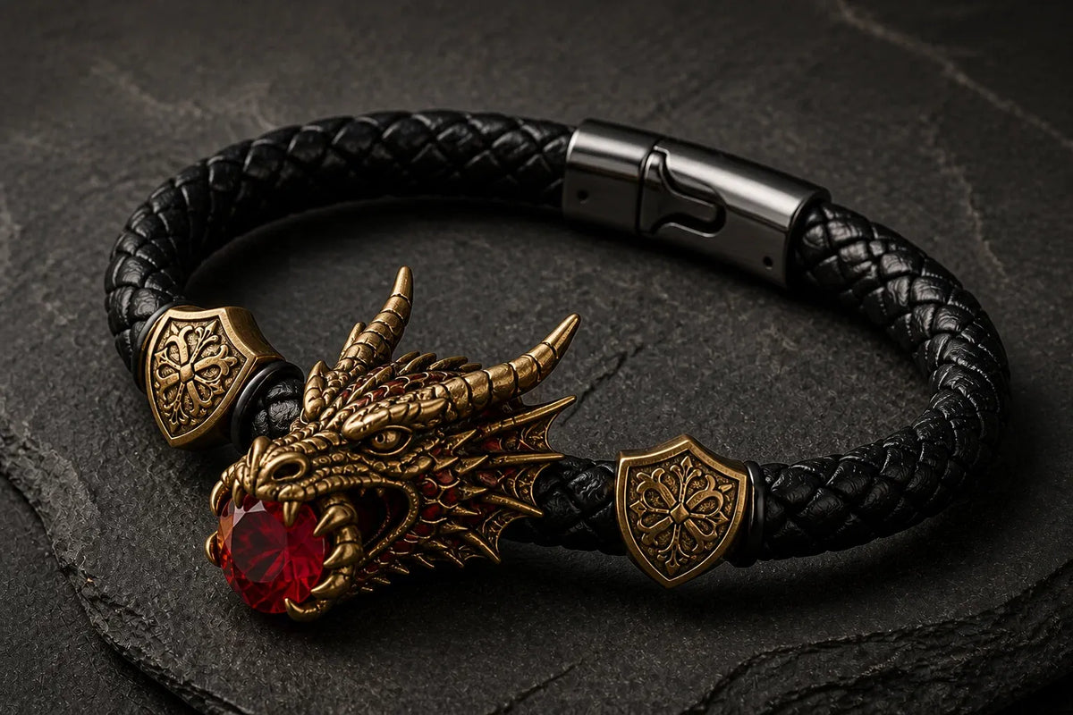 🐉 Dragonstone Guardian Bracelet | Sculpted Western Dragon Leather Bracelet – 6 Legendary Styles