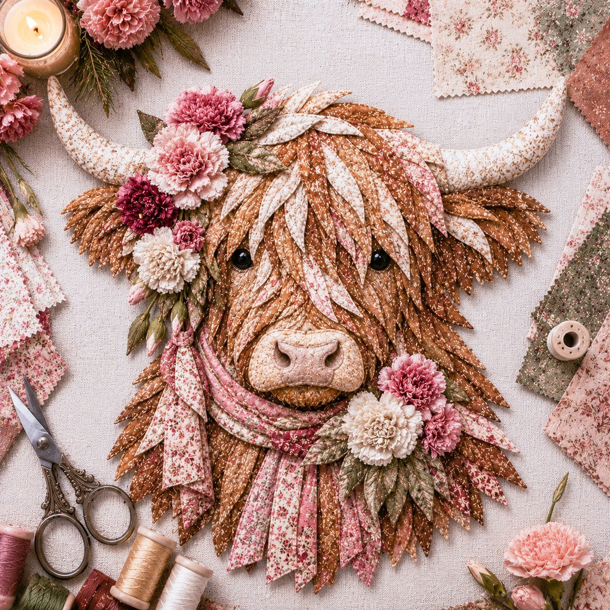 🐮Birth Flower Highland Cow 3D Layered Fabric Art DIY Kit (Beginner-friendly