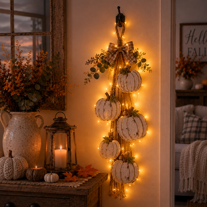 🎃 Rustic White Pumpkin Hanging Swag – 5-Pumpkin Fall Door & Wall Decoration for Farmhouse Autumn Decor