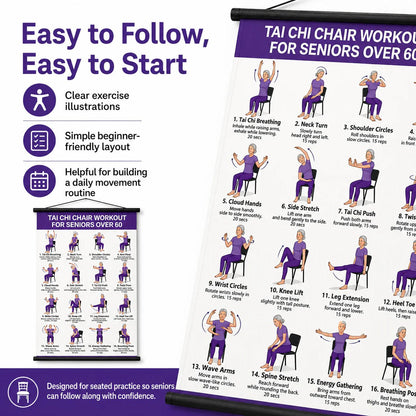 🔥Most Popular in 2026🔥Chair Tai Chi Workout Poster for Seniors – 16 Seated Exercises for Balance & Flexibility (16×24 in)