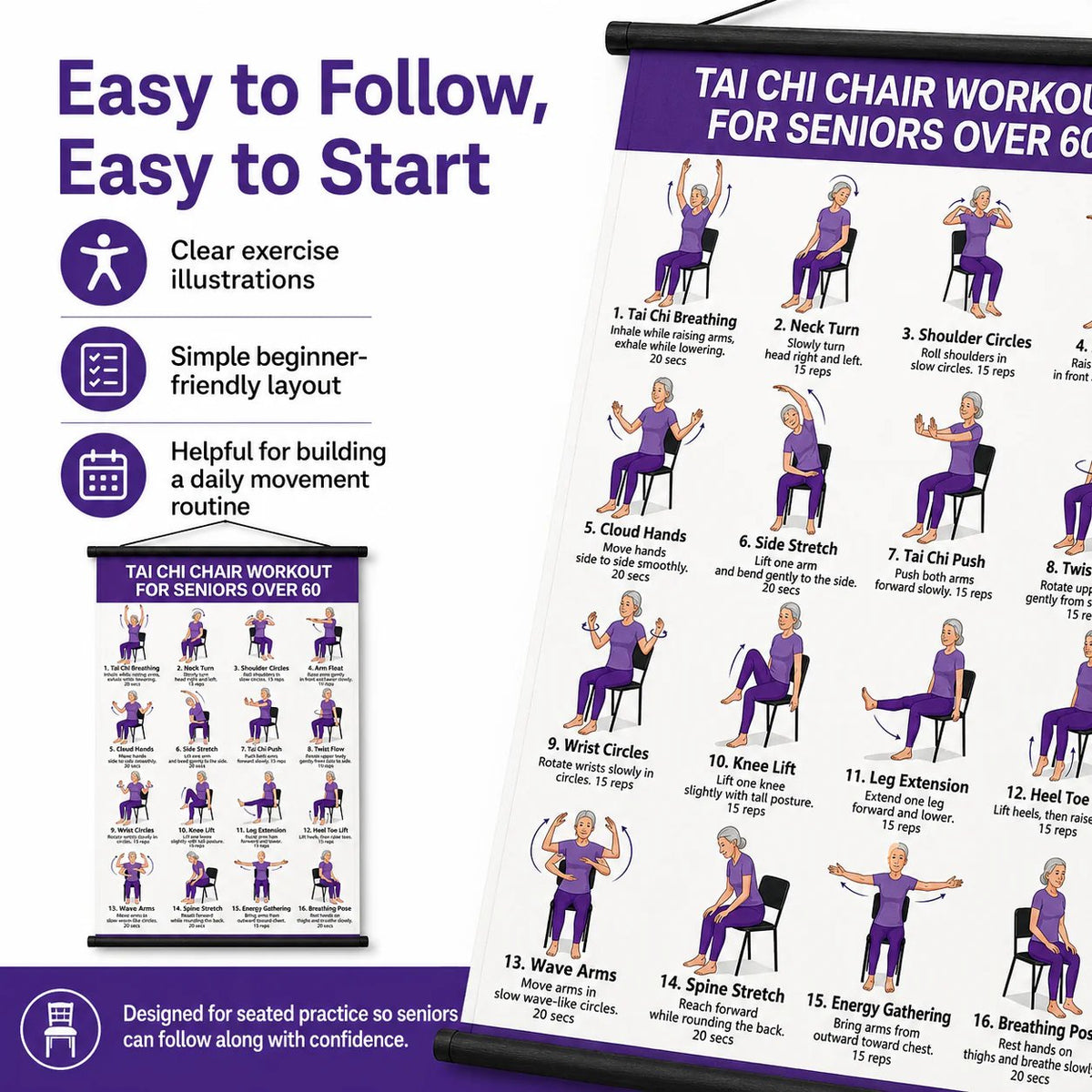 🔥🔥🔥Tai Chi Chair Workout Chart for Seniors (16 x 24 inches)