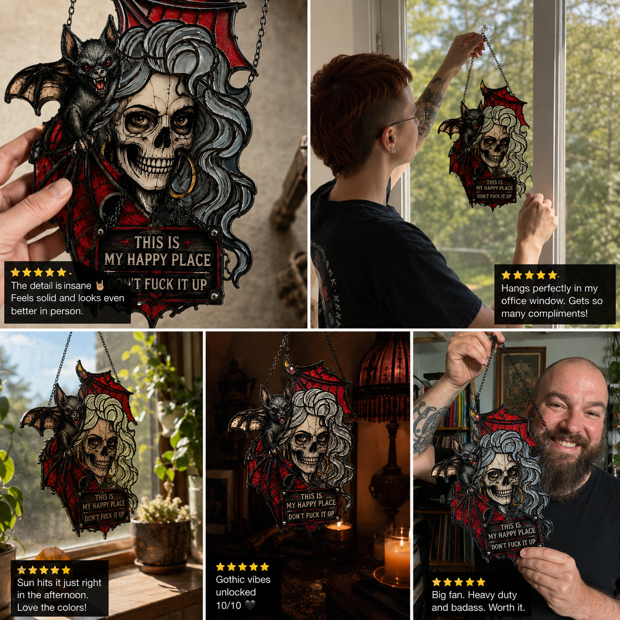 🦇💀Gothic Skull & Bat “My Happy Place” Hanging Art — Mood-Responsive Hair Effect Wall Decor✨