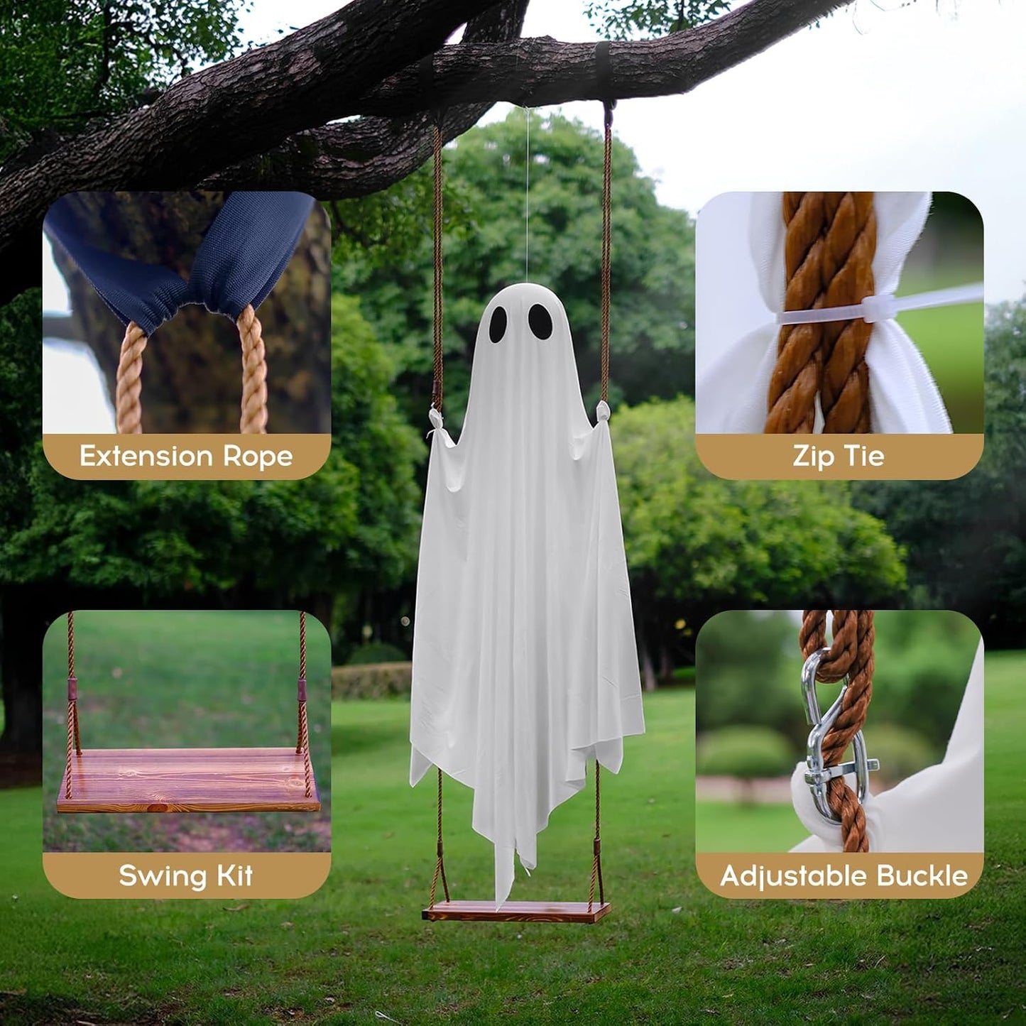 Large 5ft Pre-Assembled Hanging Swing Ghost Halloween Decorations Outdoor