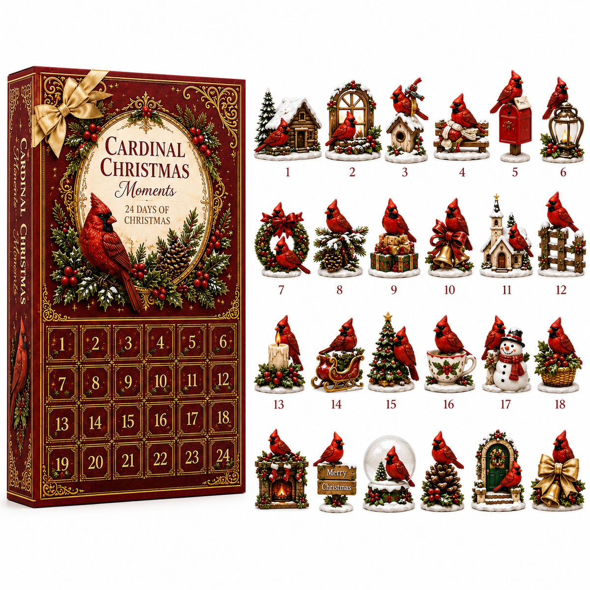 24-Day Cardinal Advent Calendar | Collectible Christmas & Autumn Figurines