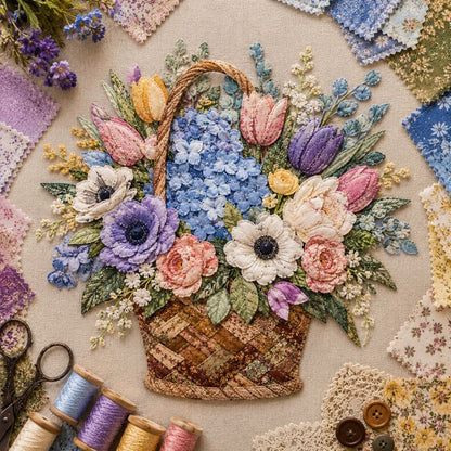 🔥Most Popular in 2026🔥🌸🧵 Premium Floral Basket Patchwork DIY Kit | High-Quality Layered Fabric Bouquet with Raised Petals & Woven Basket Details ✨