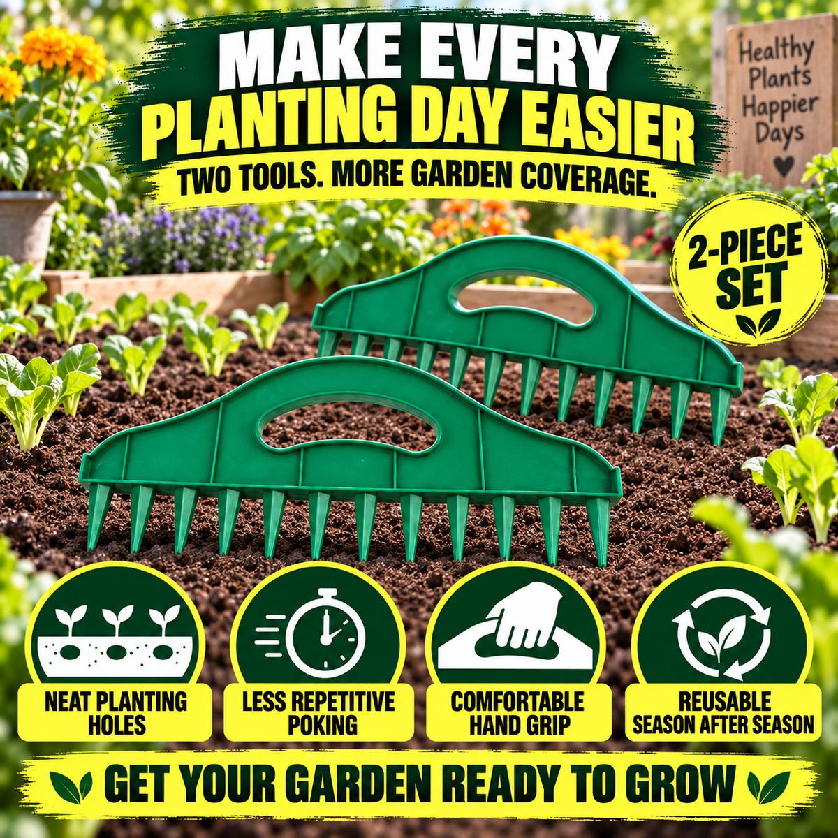 🏡 2-Pack Garden Seed Spacing Tool – Multi-Row Soil Dibbler & Furrow Maker