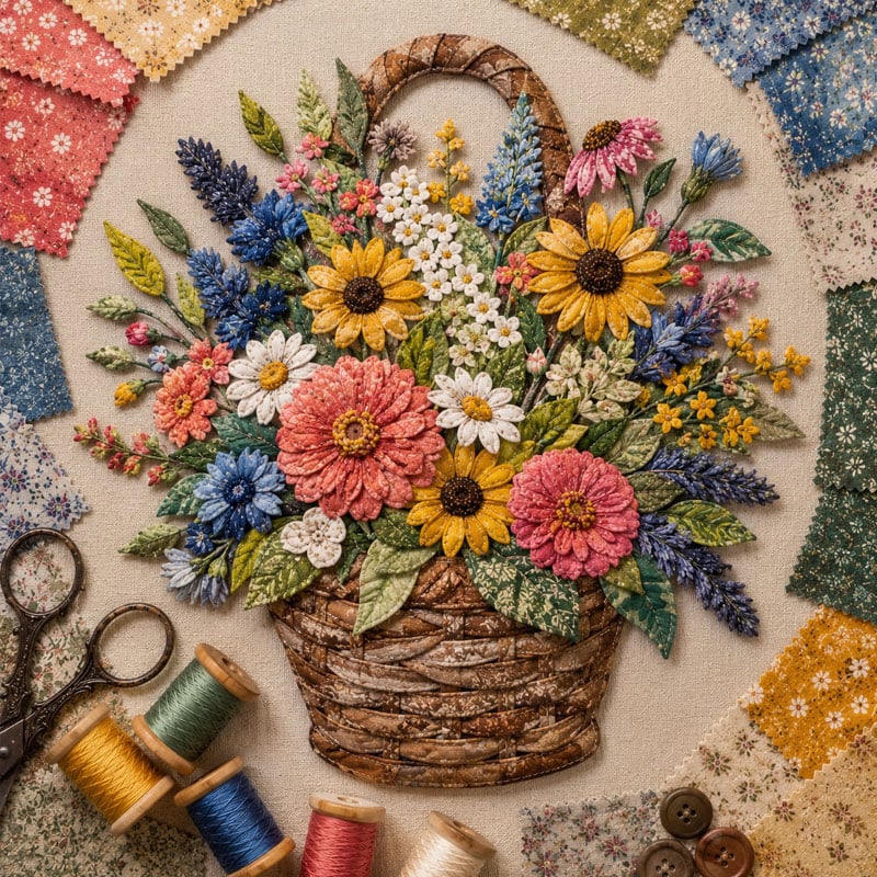 🔥Most Popular in 2026🔥🌸🧵 Premium Floral Basket Patchwork DIY Kit | High-Quality Layered Fabric Bouquet with Raised Petals & Woven Basket Details ✨