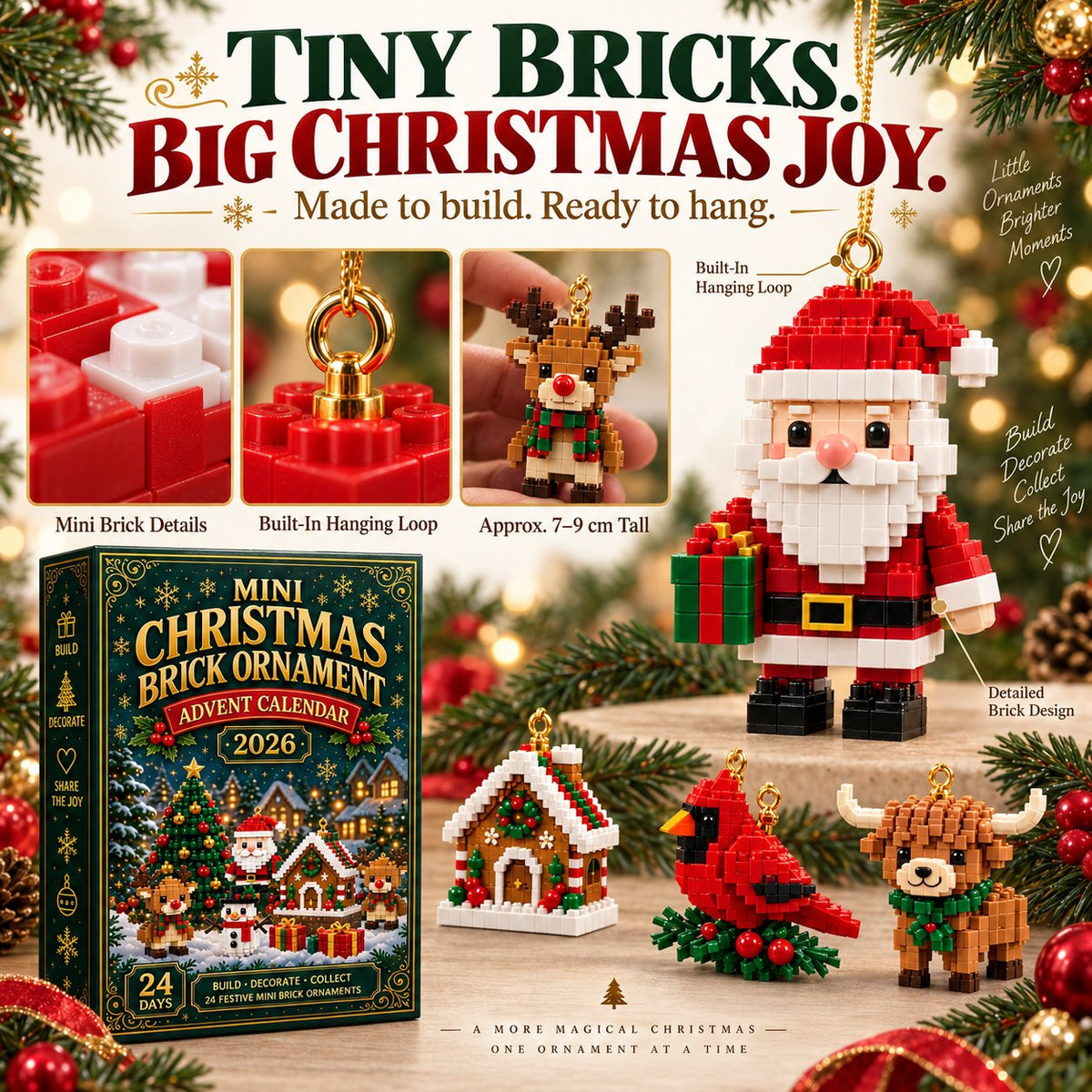 🔔🎄24-day mini Christmas tree advent calendar made of building blocks | 24 unique, buildable Christmas motifs with hanging loops for trees, garlands and festive decorations 🧱