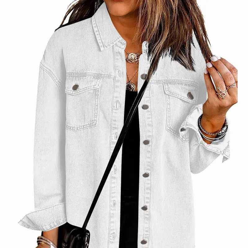 Women's Oversize Ripped Tassel Denim Jean Jacket - Casual Long Sleeve, Pockets, Soft Fabric, Stylish Tops for Ladies