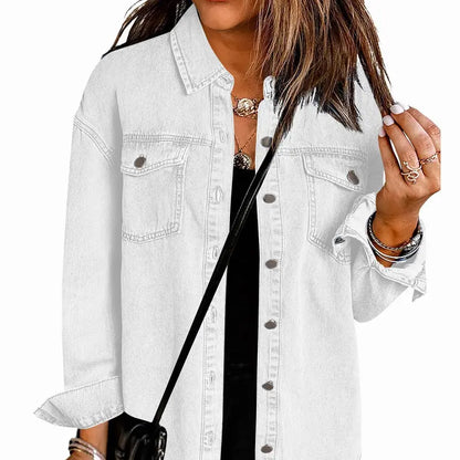 Women's Oversize Ripped Tassel Denim Jean Jacket - Casual Long Sleeve, Pockets, Soft Fabric, Stylish Tops for Ladies