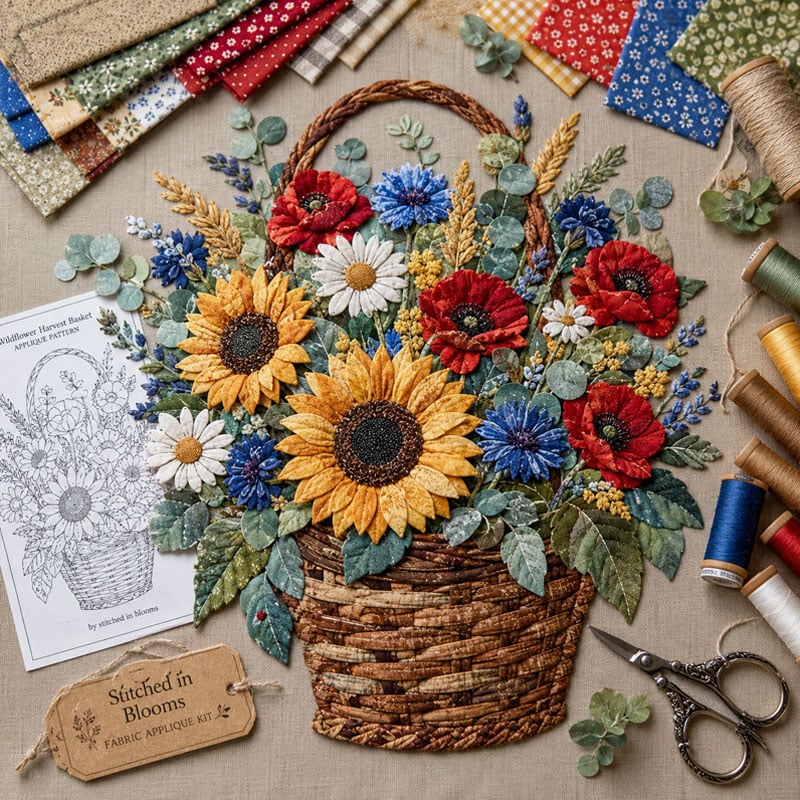 🔥Most Popular in 2026🔥🌸🧵 Premium Floral Basket Patchwork DIY Kit | High-Quality Layered Fabric Bouquet with Raised Petals & Woven Basket Details ✨
