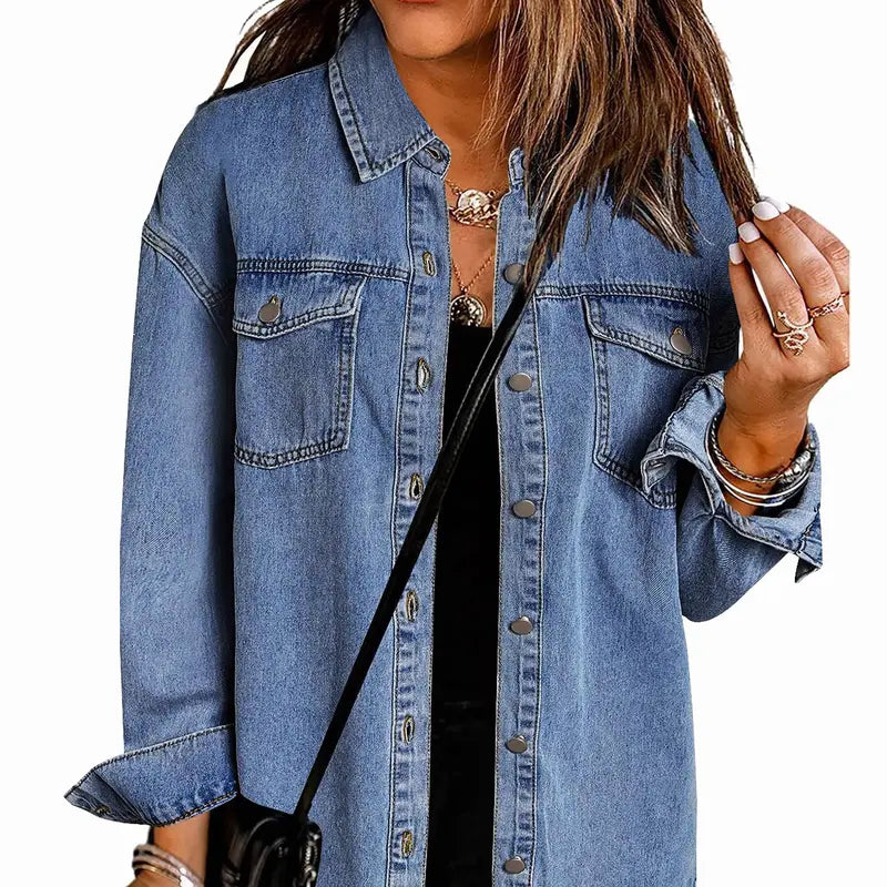 Women's Oversize Ripped Tassel Denim Jean Jacket - Casual Long Sleeve, Pockets, Soft Fabric, Stylish Tops for Ladies