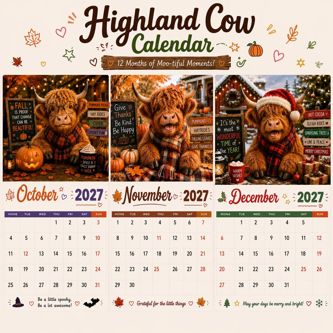 🔥2027 Funny Highland Cow Wall Calendar | A4 Hanging Calendar