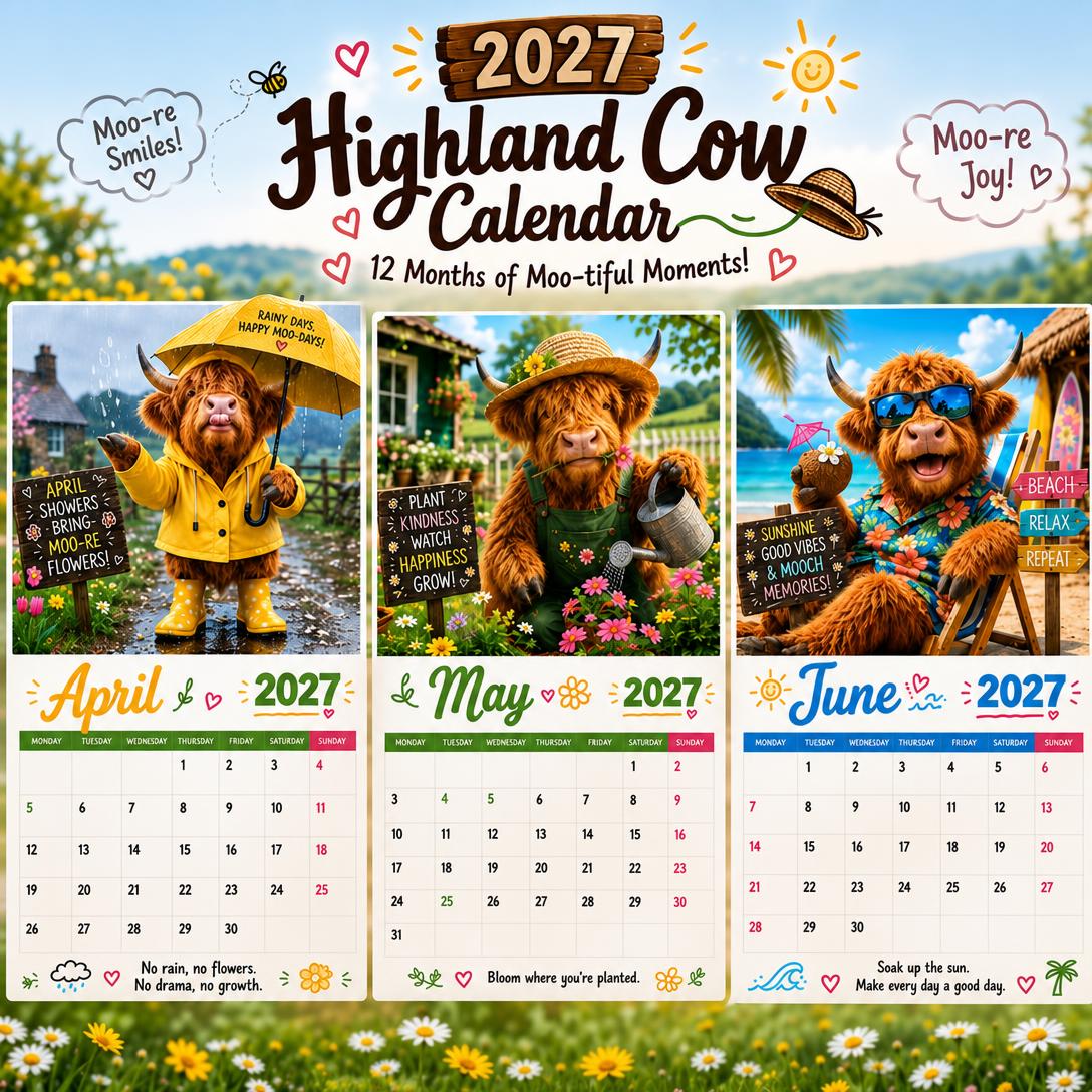 🔥2027 Funny Highland Cow Wall Calendar | A4 Hanging Calendar