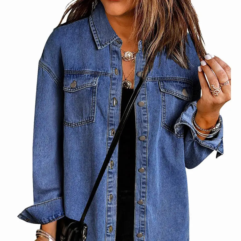 Women's Oversize Ripped Tassel Denim Jean Jacket - Casual Long Sleeve, Pockets, Soft Fabric, Stylish Tops for Ladies