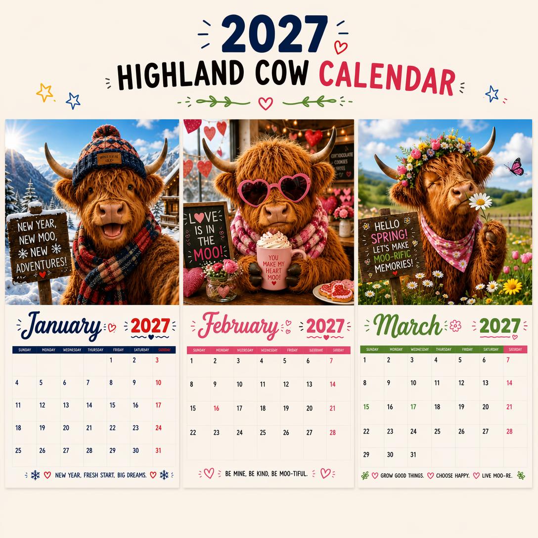 🔥2027 Funny Highland Cow Wall Calendar | A4 Hanging Calendar
