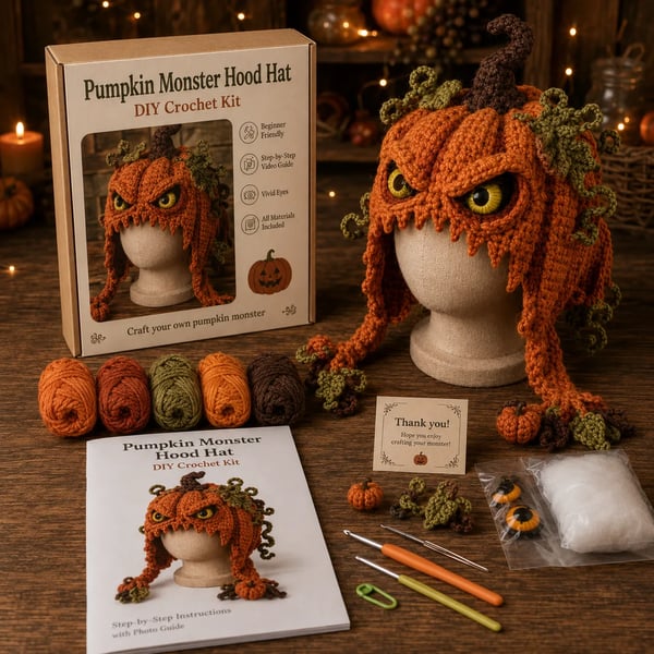 🔥 LAST DAY 49% OFF – 🎃 Halloween Monster Hood DIY Crochet Kit | Premium Soft Yarn Materials with Step-by-Step Guide DIY Handmade Wearable Character Hood 🧶🎭✨