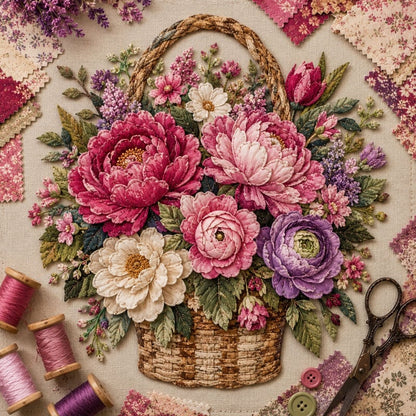 🔥Most Popular in 2026🔥🌸🧵 Premium Floral Basket Patchwork DIY Kit | High-Quality Layered Fabric Bouquet with Raised Petals & Woven Basket Details ✨