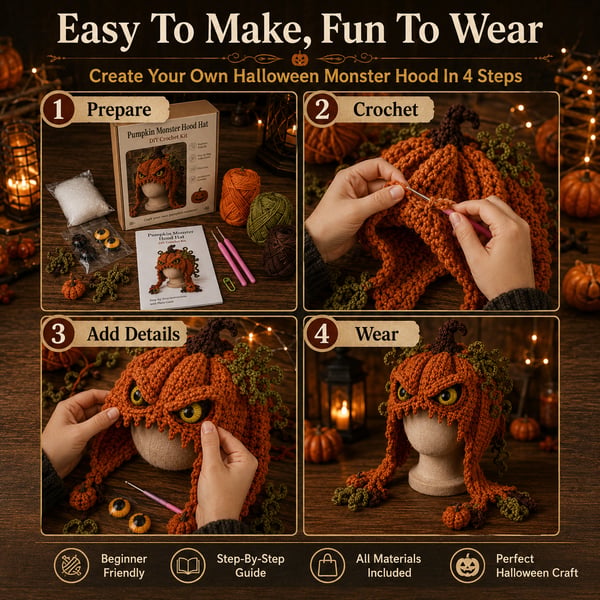 🔥 LAST DAY 49% OFF – 🎃 Halloween Monster Hood DIY Crochet Kit | Premium Soft Yarn Materials with Step-by-Step Guide DIY Handmade Wearable Character Hood 🧶🎭✨