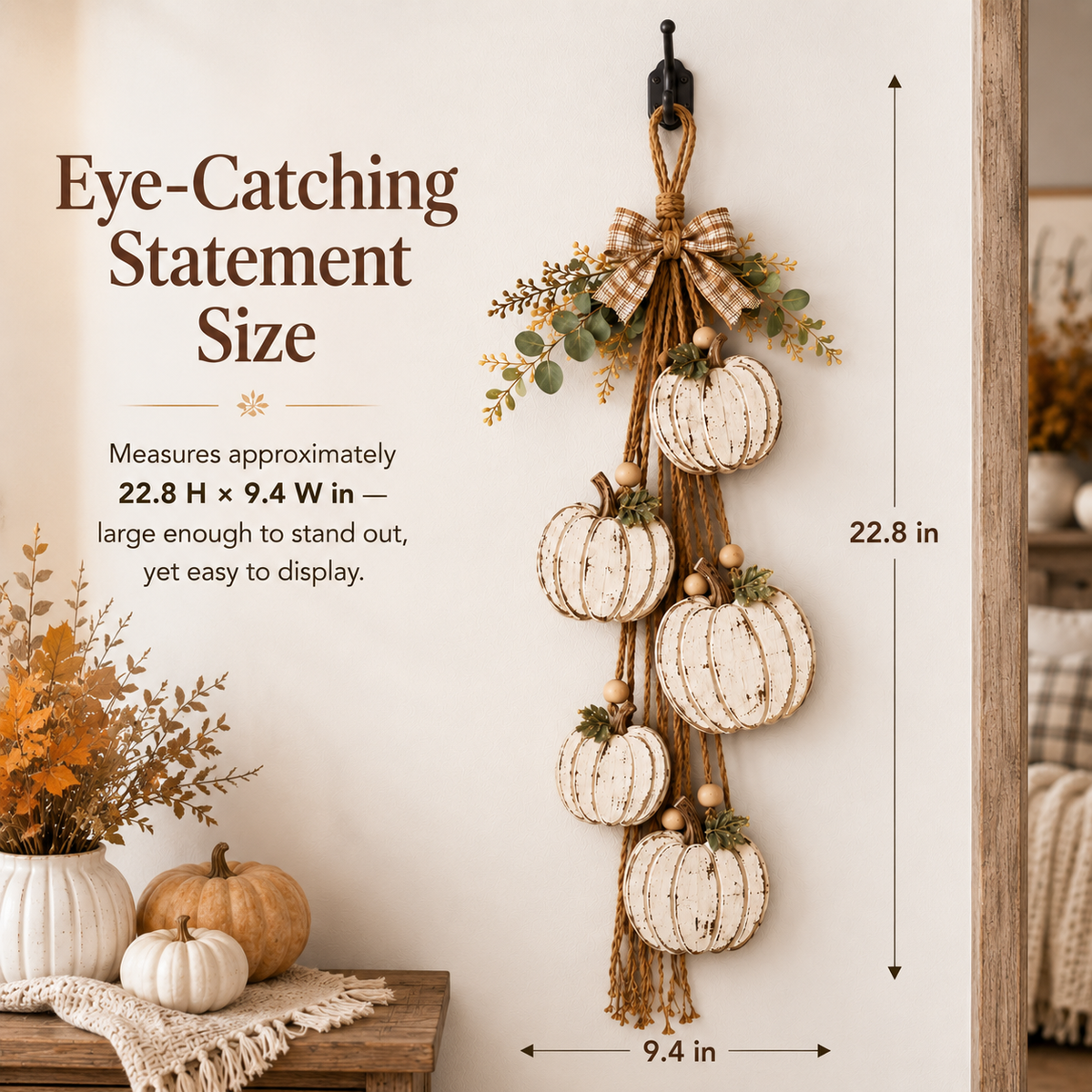 🎃 Rustic White Pumpkin Hanging Swag – 5-Pumpkin Fall Door & Wall Decoration for Farmhouse Autumn Decor