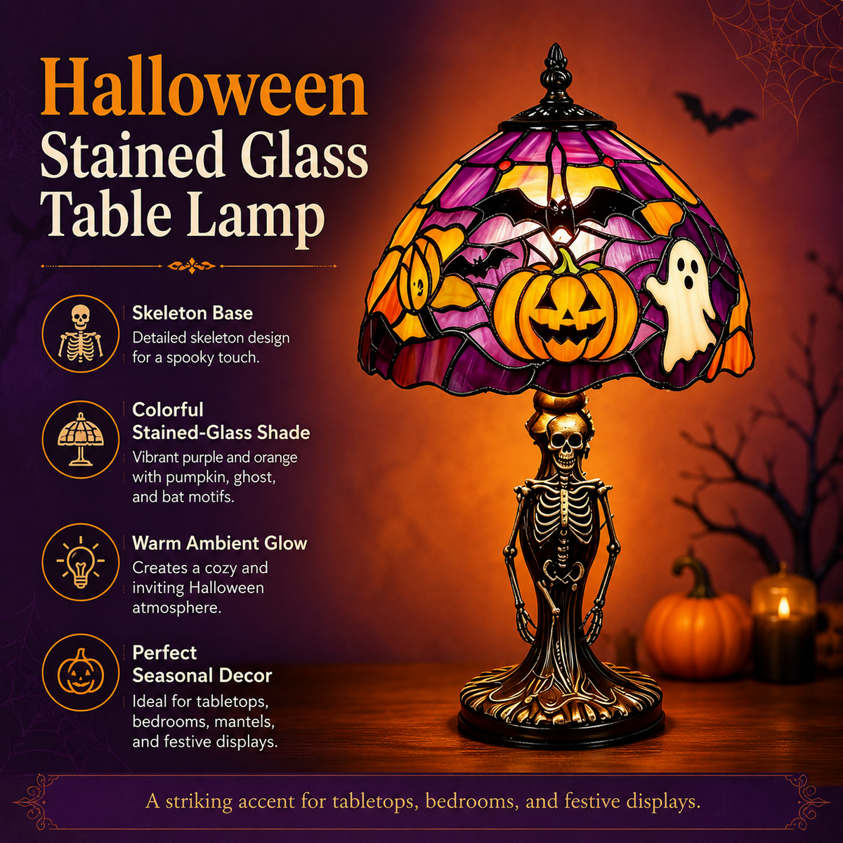 👻Spooky Glow Tiffany Lamp Pumpkin Ghost Bat Halloween Desk Light