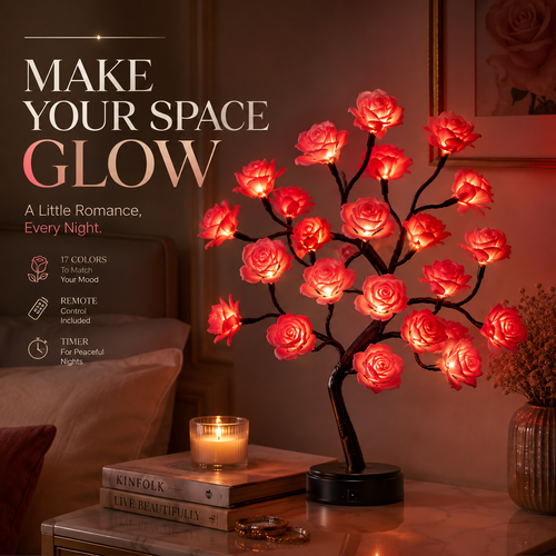 🌹 LED Rose Flower Tree Lamp – red-Color Remote-Controlled Ambient Light