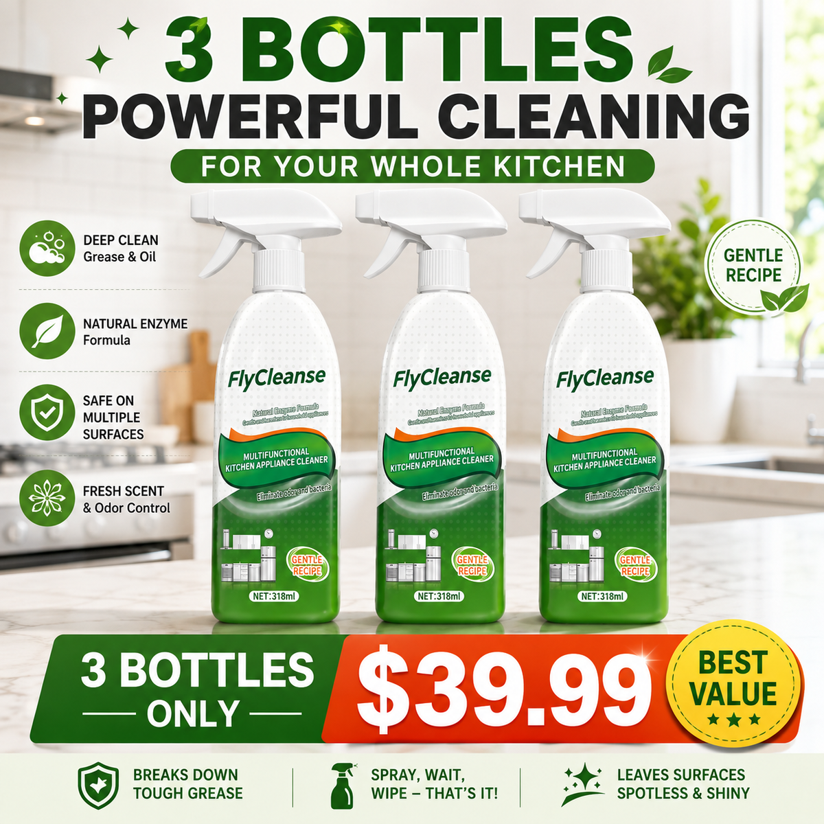 3-Bottle Kitchen Grease & Oil Stain Remover – Heavy-Duty Cooktop & Range Hood Cleaner