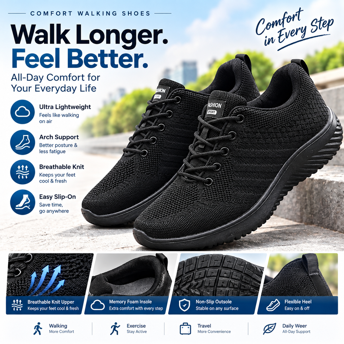 Black Walking Sneakers Detail