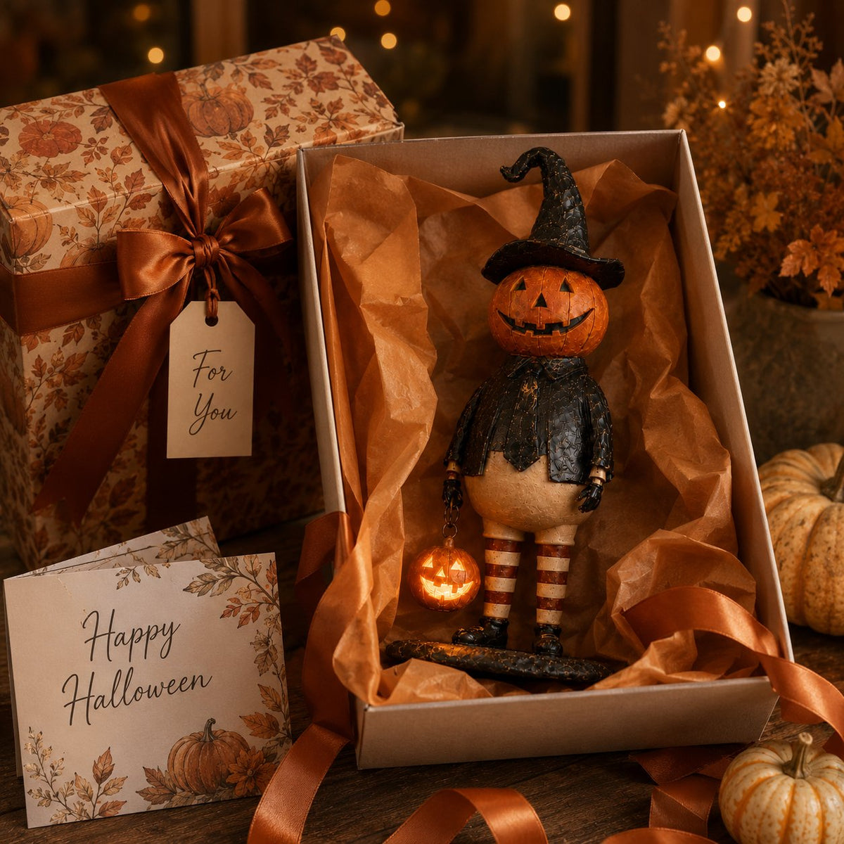 🔥Most Popular in 2026🔥Halloween Pumpkin Head Figurine with Lighted Handheld Pumpkin Lantern