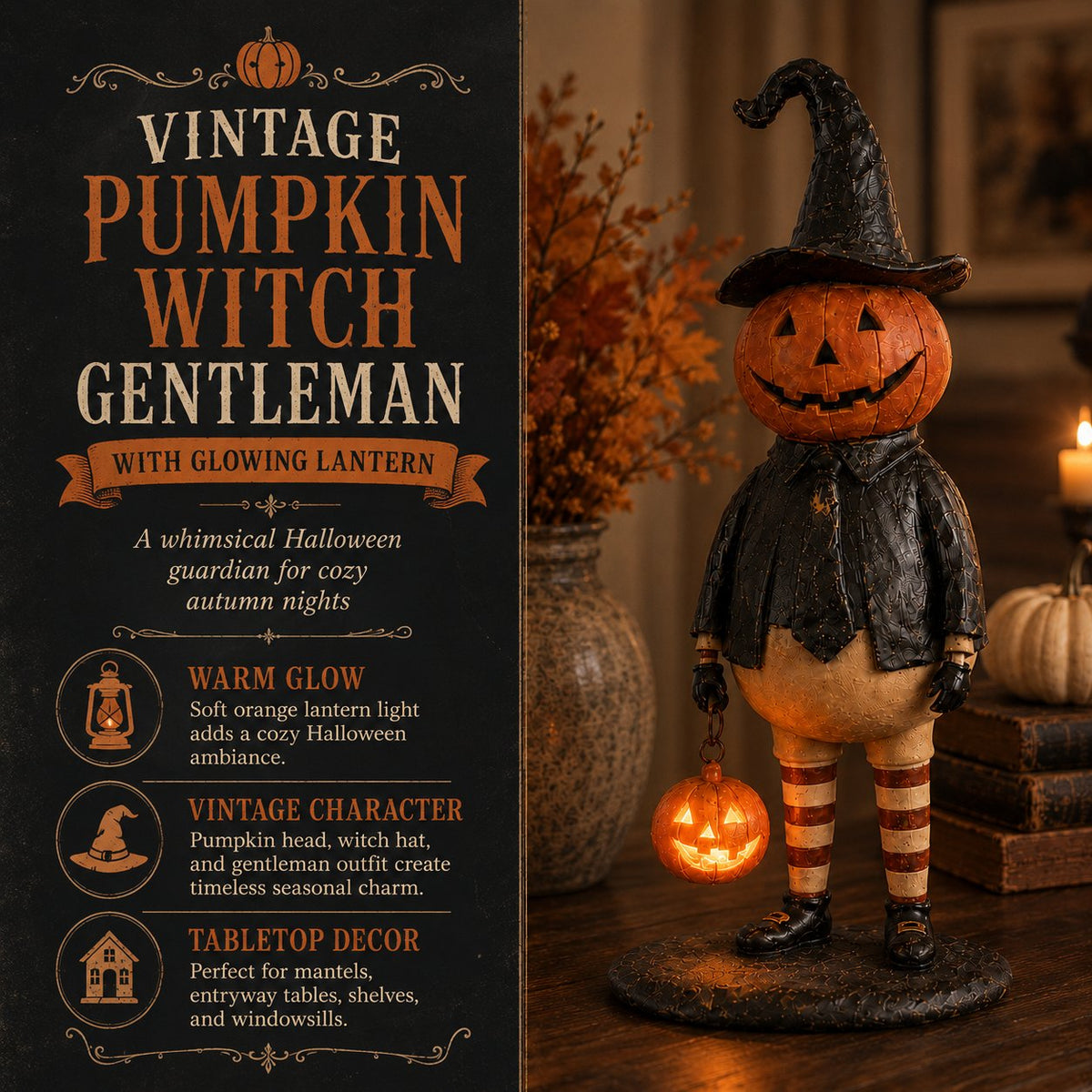 🔥Most Popular in 2026🔥Halloween Pumpkin Head Figurine with Lighted Handheld Pumpkin Lantern