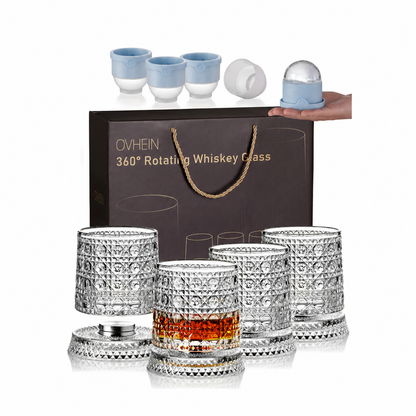 4-Pack Rotating Crystal Whiskey Glasses with4 Ice Ball Molds & Gift Box
