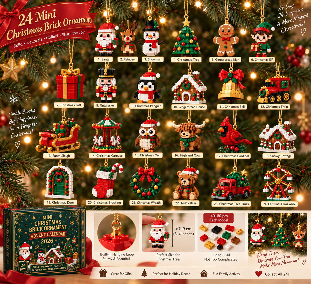 🔔🎄24-day mini Christmas tree advent calendar made of building blocks | 24 unique, buildable Christmas motifs with hanging loops for trees, garlands and festive decorations 🧱