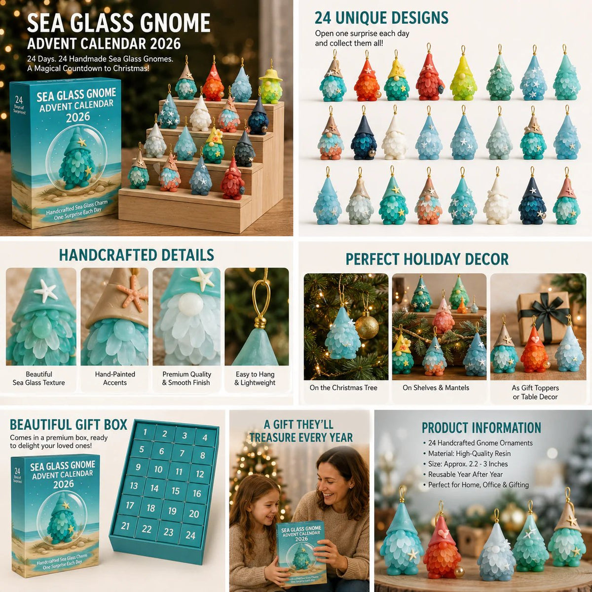 🌊🧝‍♂️ Sea Glass Gnome Advent Calendar 2026 | 24 Coastal Gnome Charms for Christmas Countdown, Tree Decor & Holiday Gifts 🎄✨