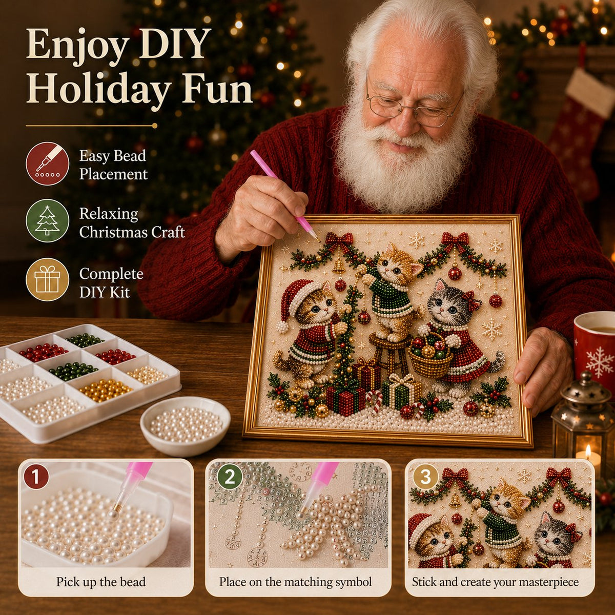 🎄🐾 LAST DAY 49% OFF – Premium 3D Pearl Christmas Kitty Art Kit 🎅🐱❄️