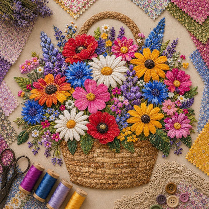 🔥Most Popular in 2026🔥🌸🧵 Premium Floral Basket Patchwork DIY Kit | High-Quality Layered Fabric Bouquet with Raised Petals & Woven Basket Details ✨