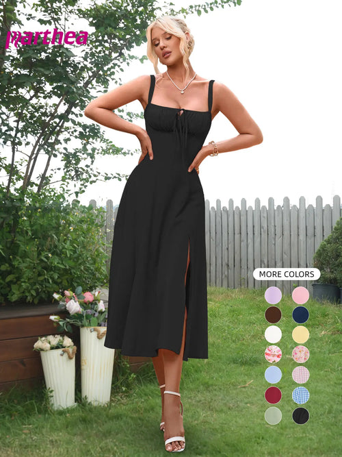 Women's Ruched Corset Midi Dress, Lace-Up Square Neck Milkmaid Party Dress | Limited-Time Sale