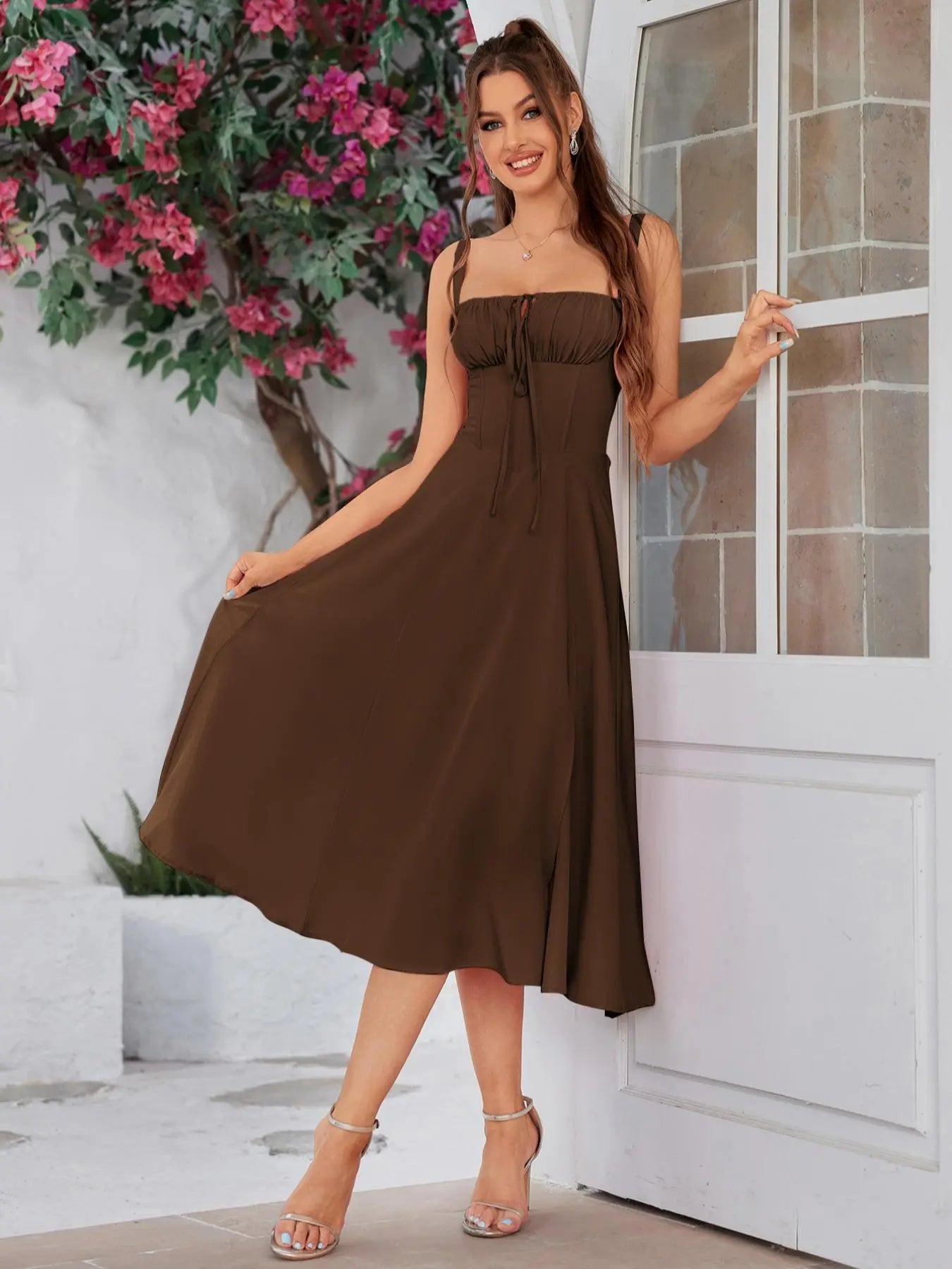 Women's Ruched Corset Midi Dress, Lace-Up Square Neck Milkmaid Party Dress | Limited-Time Sale