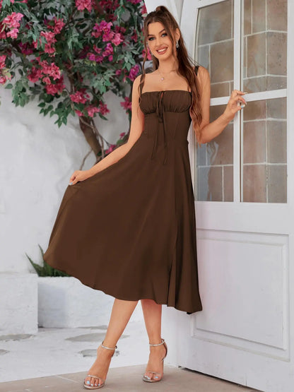Women's Ruched Corset Midi Dress, Lace-Up Square Neck Milkmaid Party Dress | Limited-Time Sale