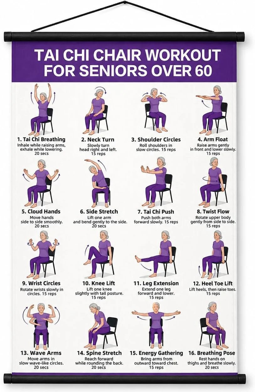 🔥Most Popular in 2026🔥Chair Tai Chi Workout Poster for Seniors – 16 Seated Exercises for Balance & Flexibility (16×24 in)