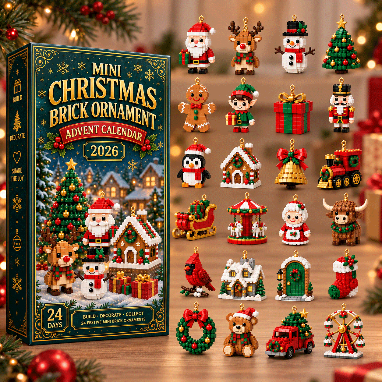 🔔🎄24-day mini Christmas tree advent calendar made of building blocks | 24 unique, buildable Christmas motifs with hanging loops for trees, garlands and festive decorations 🧱