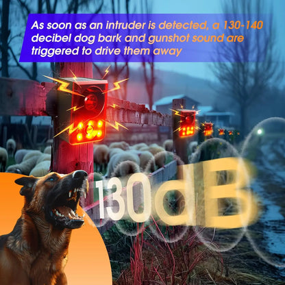 Solar Outdoor Motion Sensor Alarm - Dog Barking & Gunshot Sound, Support Recording and Volume Adjustment, 130dB Noise with Flashing Light to Deter Raccoon, Deer, Skunk, Bear, Coyote