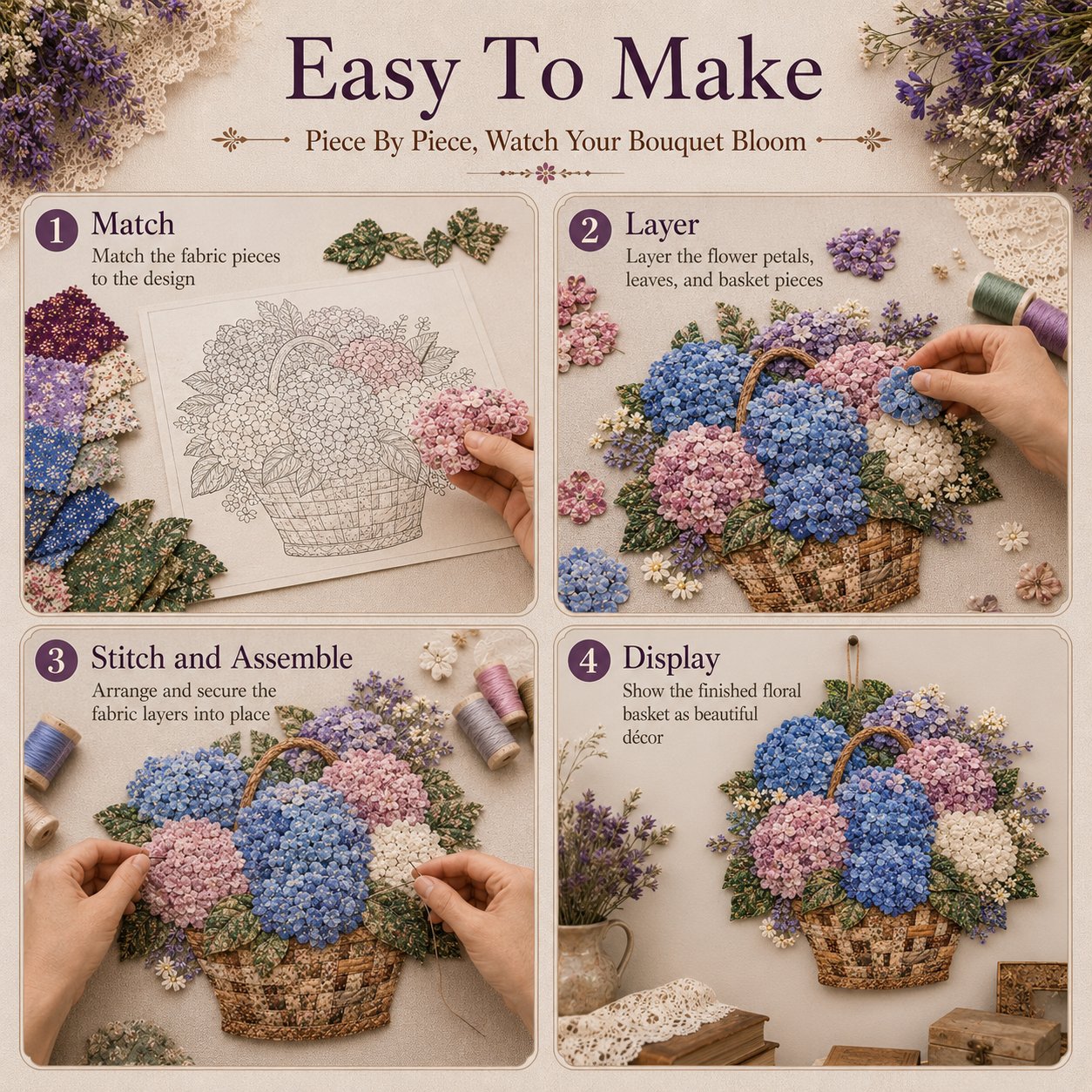 🔥Most Popular in 2026🔥🌸🧵 Premium Floral Basket Patchwork DIY Kit | High-Quality Layered Fabric Bouquet with Raised Petals & Woven Basket Details ✨