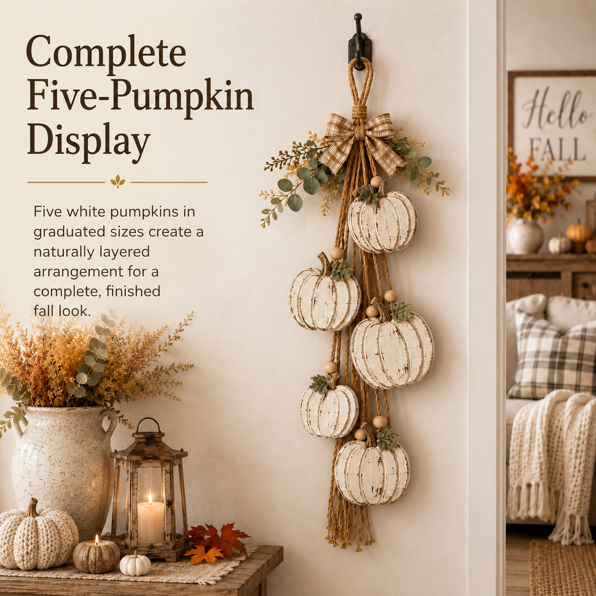 🎃 Rustic White Pumpkin Hanging Swag – 5-Pumpkin Fall Door & Wall Decoration for Farmhouse Autumn Decor