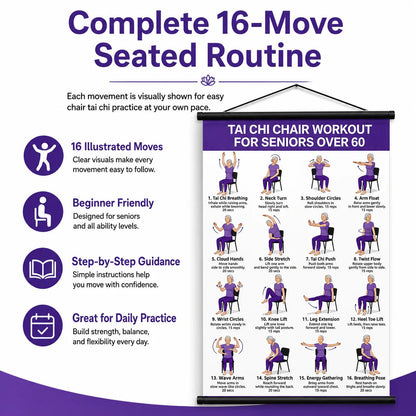 🔥Most Popular in 2026🔥Chair Tai Chi Workout Poster for Seniors – 16 Seated Exercises for Balance & Flexibility (16×24 in)
