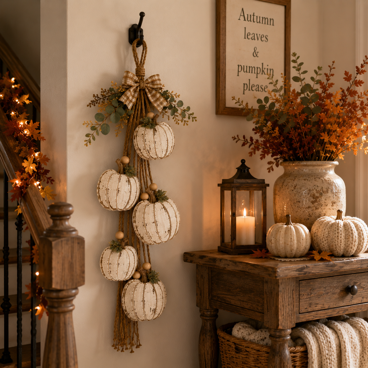 🎃 Rustic White Pumpkin Hanging Swag – 5-Pumpkin Fall Door & Wall Decoration for Farmhouse Autumn Decor