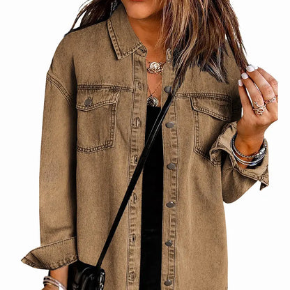 Women's Oversize Ripped Tassel Denim Jean Jacket - Casual Long Sleeve, Pockets, Soft Fabric, Stylish Tops for Ladies